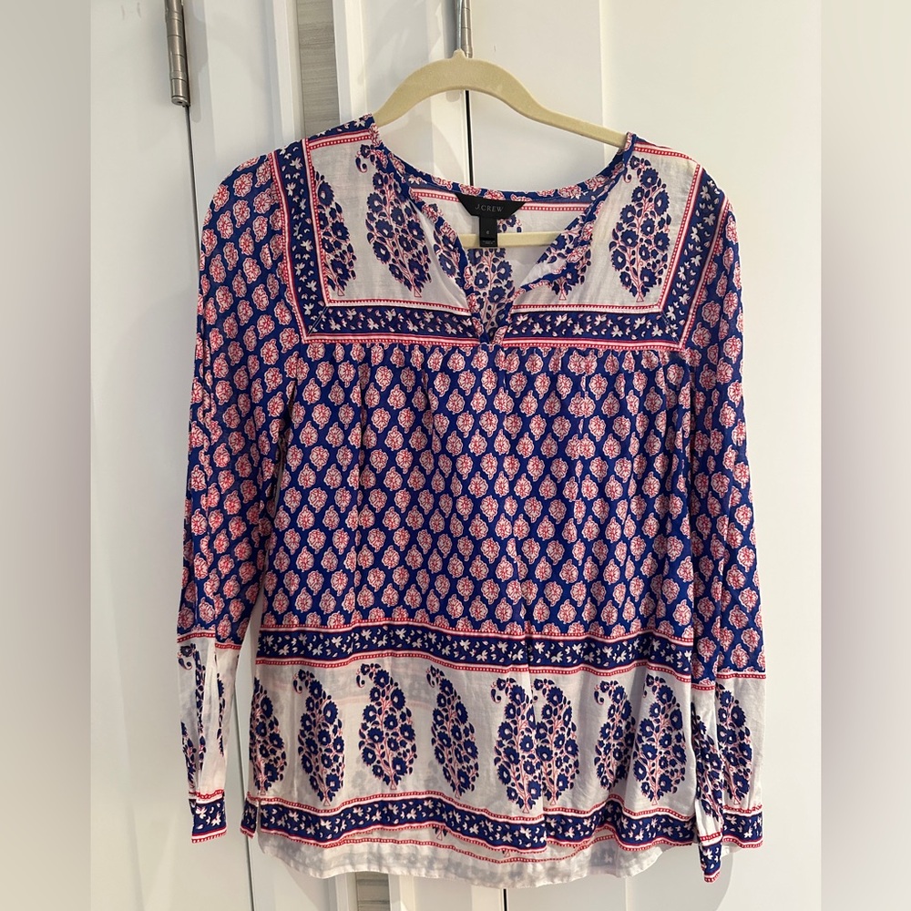 J. Crew Blue and Pink Printed Long-Sleeve Peasant Blouse